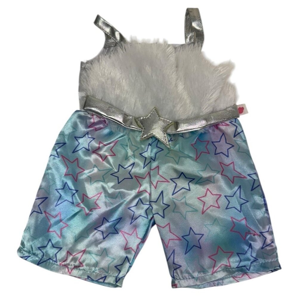 Build A Bear Honey Girls Faux Fur Star Jumpsuit Outfit Blue Satin Rockstar BAB